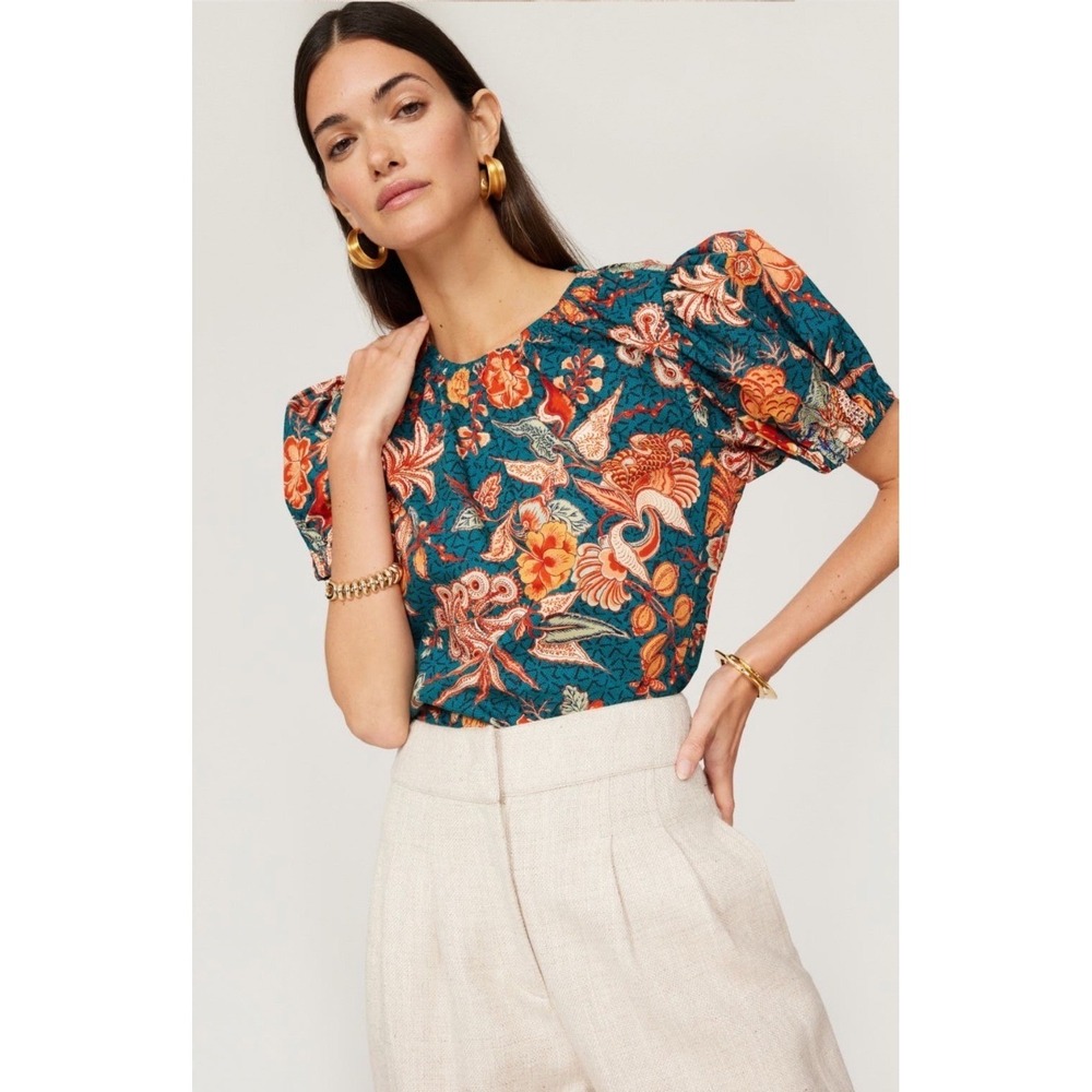 Ulla Johnson Frances Top Teal Floral Batik Puff Sleeve Cotton Blouse‎ Size 4
